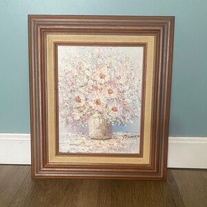 Pizarro sign floral still life textured framed oil painting. Pastels. Mcm retro